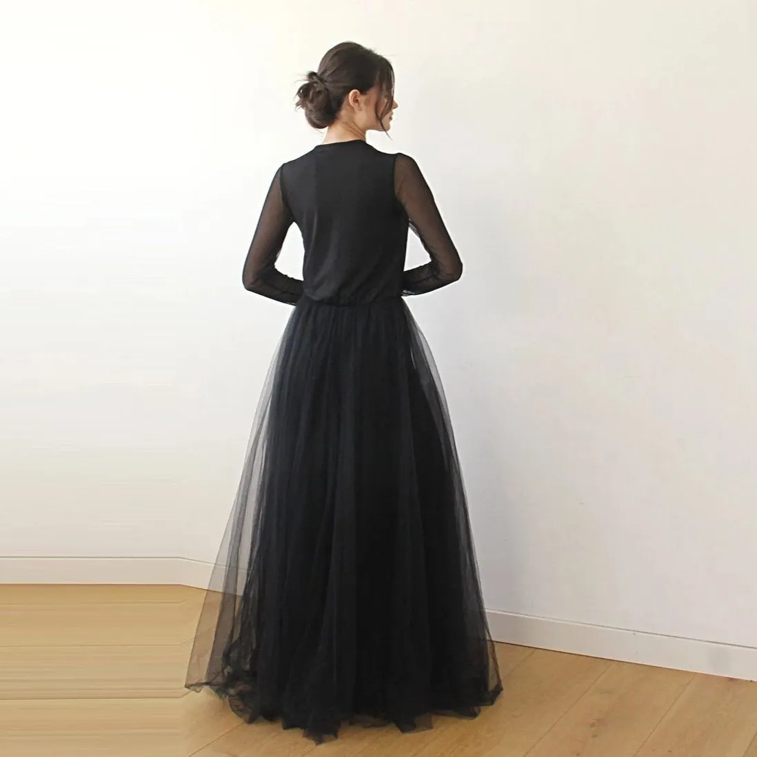 Curvy  Black Wrap Tulle  With Long Chiffon Mesh Sleeves  #1174