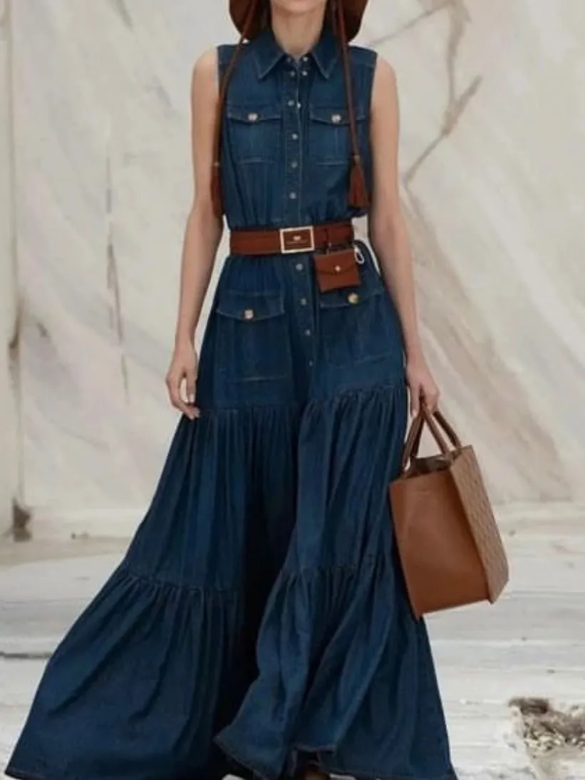 Dark blue jeans short sleeves midi dress
