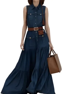 Dark blue jeans short sleeves midi dress