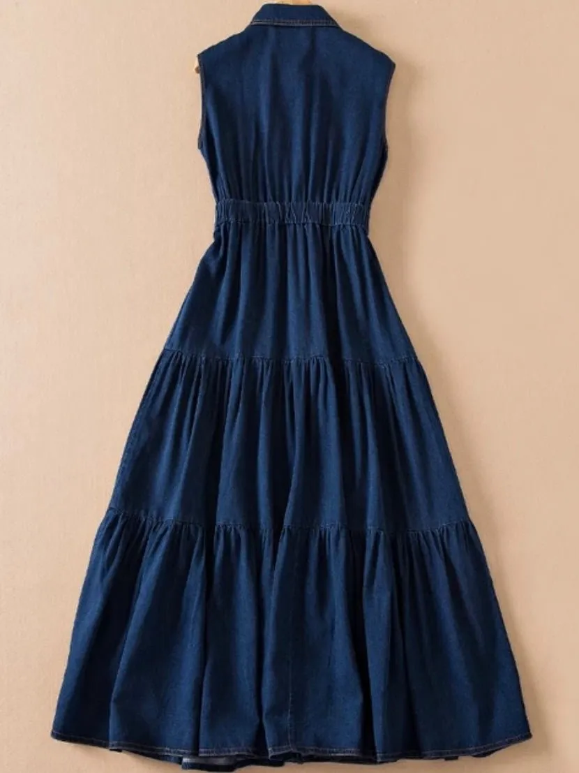 Dark blue jeans short sleeves midi dress
