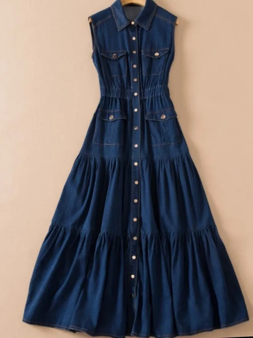 Dark blue jeans short sleeves midi dress