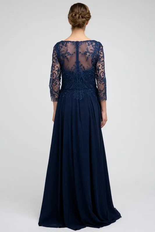 Embroidered 3/4 Sleeve Chiffon Gown by Juliet M11