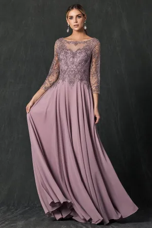 Embroidered 3/4 Sleeve Chiffon Gown by Juliet M11