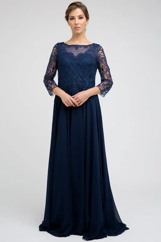 Embroidered 3/4 Sleeve Chiffon Gown by Juliet M11