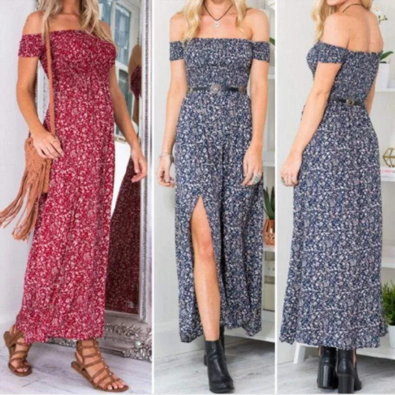 FashionSierra - New Fashion Women Boho Off shoulder High Waist Short Sleeve Maxi Dress Ladeis Summer Floral Beach Casual Long Sundress