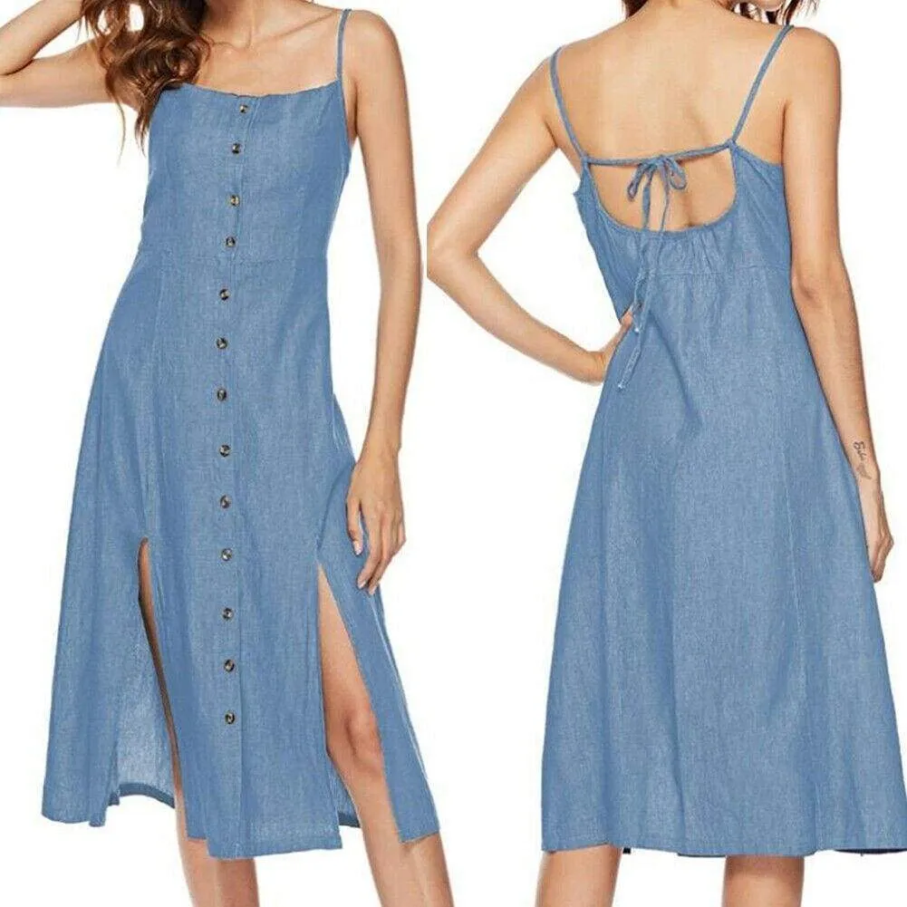 FashionSierra - New Women's Long Maxi Slim Dress Fashion Ladies Summer Denim Sleeveless Solid Casual Loose Beach Sundress