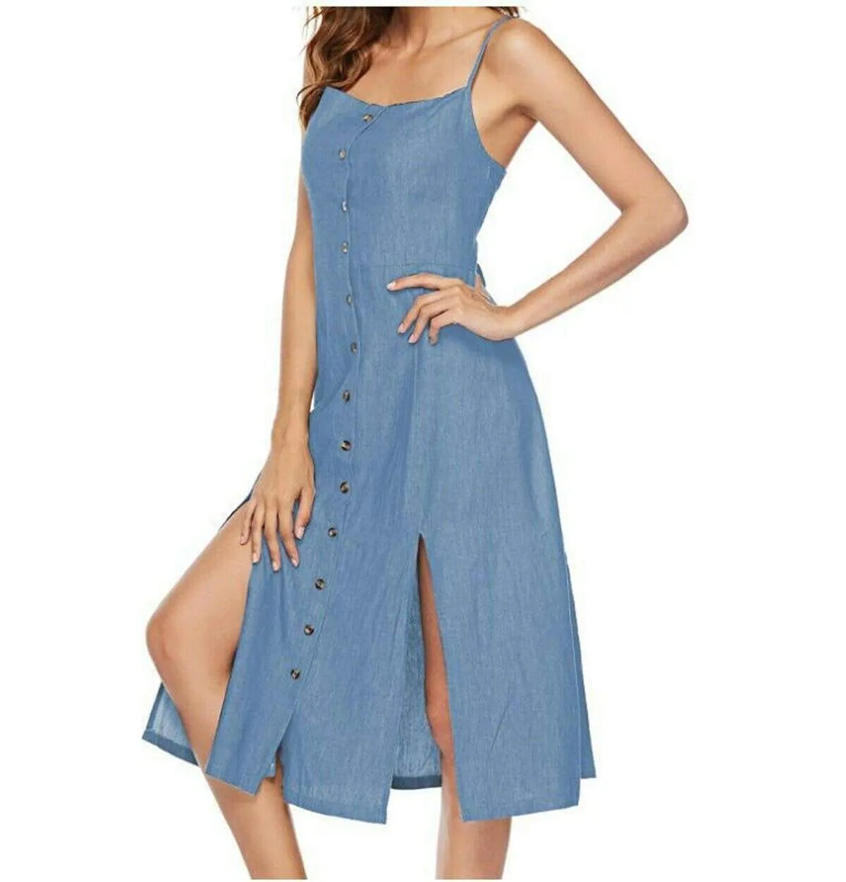 FashionSierra - New Women's Long Maxi Slim Dress Fashion Ladies Summer Denim Sleeveless Solid Casual Loose Beach Sundress