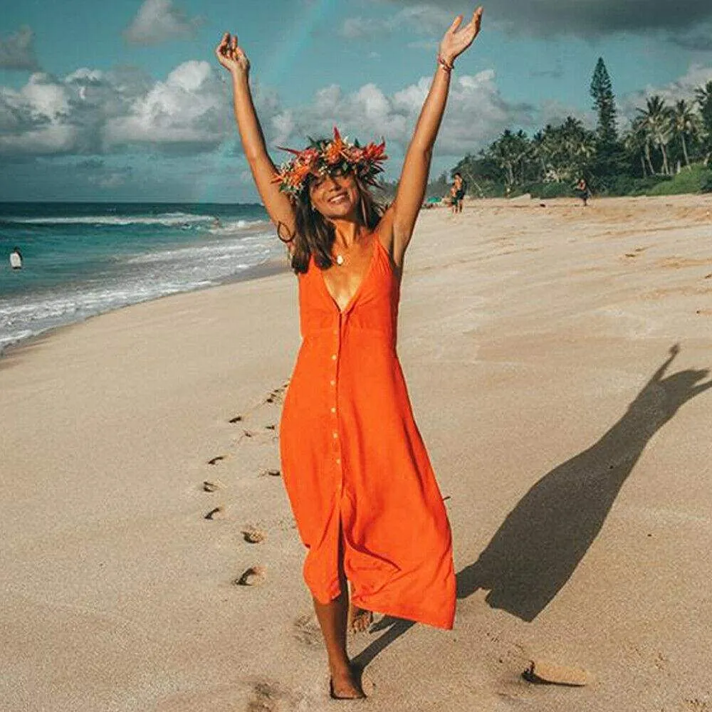 FashionSierra - Vintage Women Boho Long Maxi Dress Sexy Ladies V-Neck Backless Summer Beach Strappy Party Casual Button Sundress