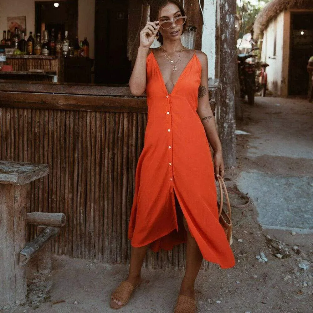 FashionSierra - Vintage Women Boho Long Maxi Dress Sexy Ladies V-Neck Backless Summer Beach Strappy Party Casual Button Sundress