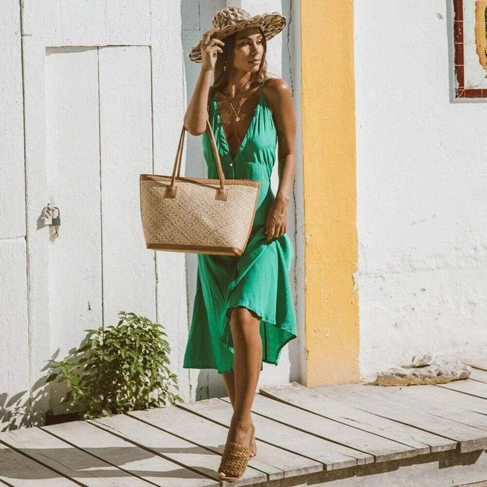 FashionSierra - Vintage Women Boho Long Maxi Dress Sexy Ladies V-Neck Backless Summer Beach Strappy Party Casual Button Sundress