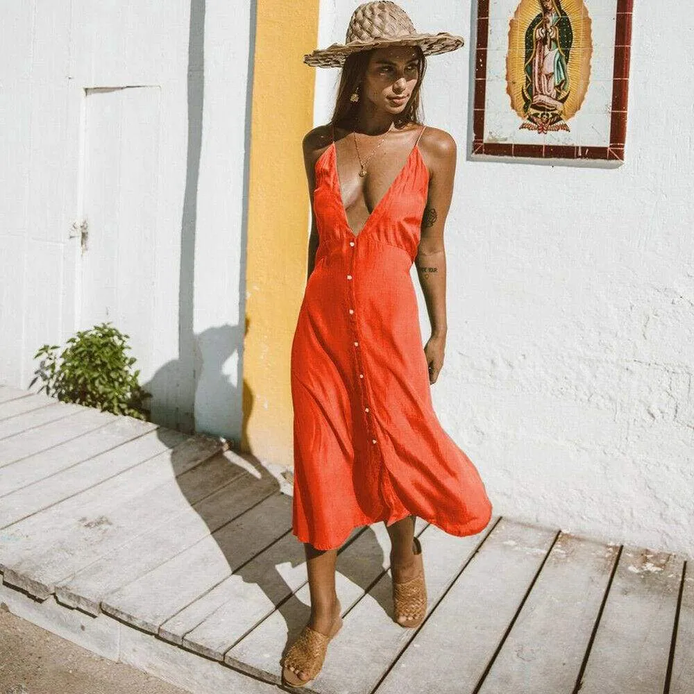 FashionSierra - Vintage Women Boho Long Maxi Dress Sexy Ladies V-Neck Backless Summer Beach Strappy Party Casual Button Sundress