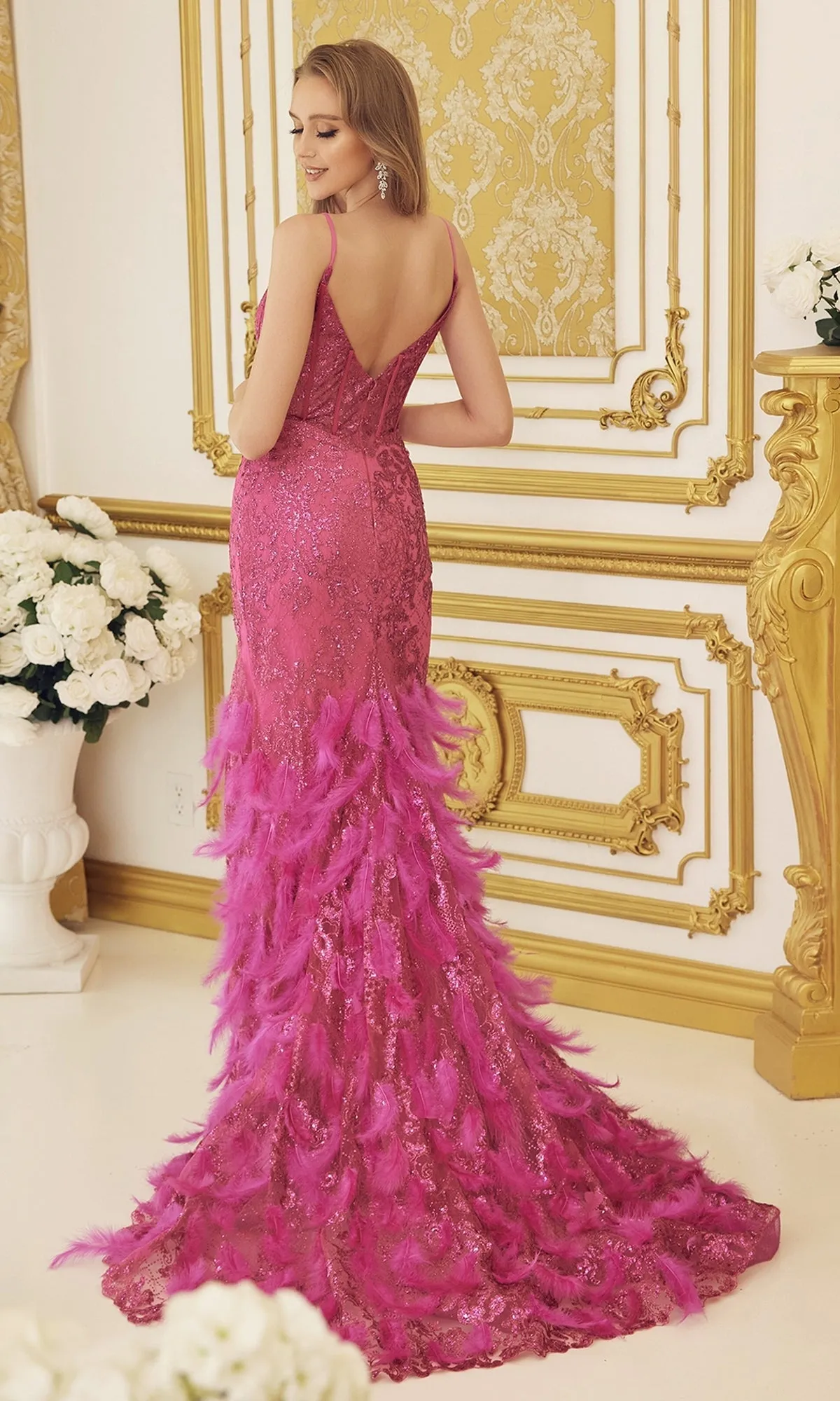 Feather-Skirt Long Sequin Formal Gown C1119