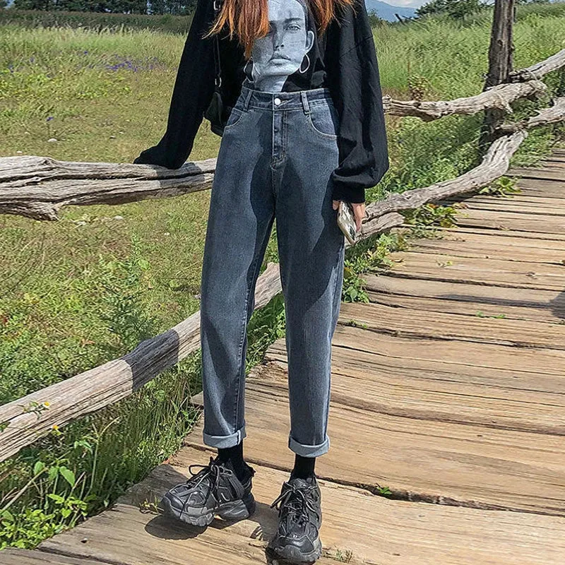 Female Fashion High-waisted Loose Pear-shaped Cover Blue Gray Carrot Jeans