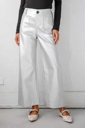 FINAL SALE - Chicest Trend Silver Metallic Leather Wide Leg Pants