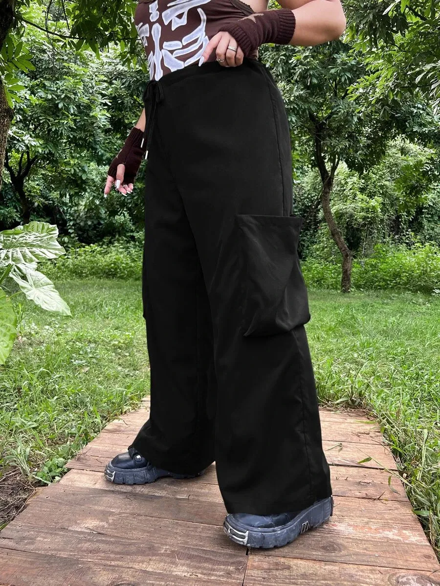 Flap Pocket Drawstring Waist Wide Leg Pants