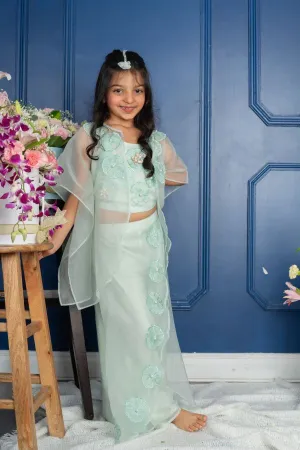 Flower Embroidered  sea green crop top with Layered Palazzo and cape