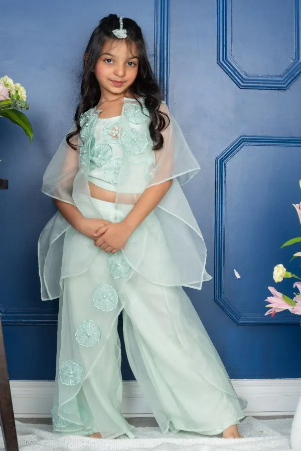 Flower Embroidered  sea green crop top with Layered Palazzo and cape