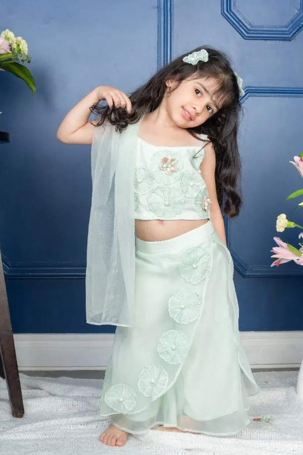 Flower Embroidered  sea green crop top with Layered Palazzo and cape