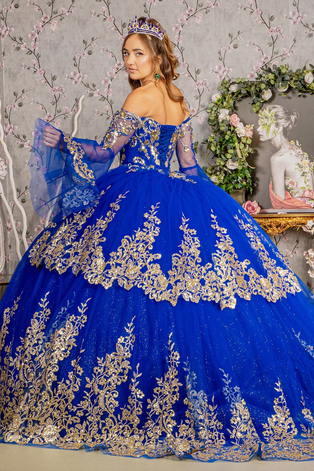 Gold Sequin Off Shoulder Mesh Ball Gown Detachable Long Sleeves GLGL3184