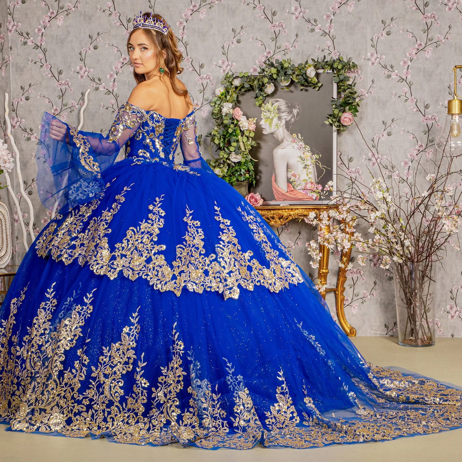 Gold Sequin Off Shoulder Mesh Ball Gown Detachable Long Sleeves GLGL3184