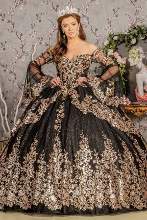 Gold Sequin Off Shoulder Mesh Ball Gown Detachable Long Sleeves GLGL3184