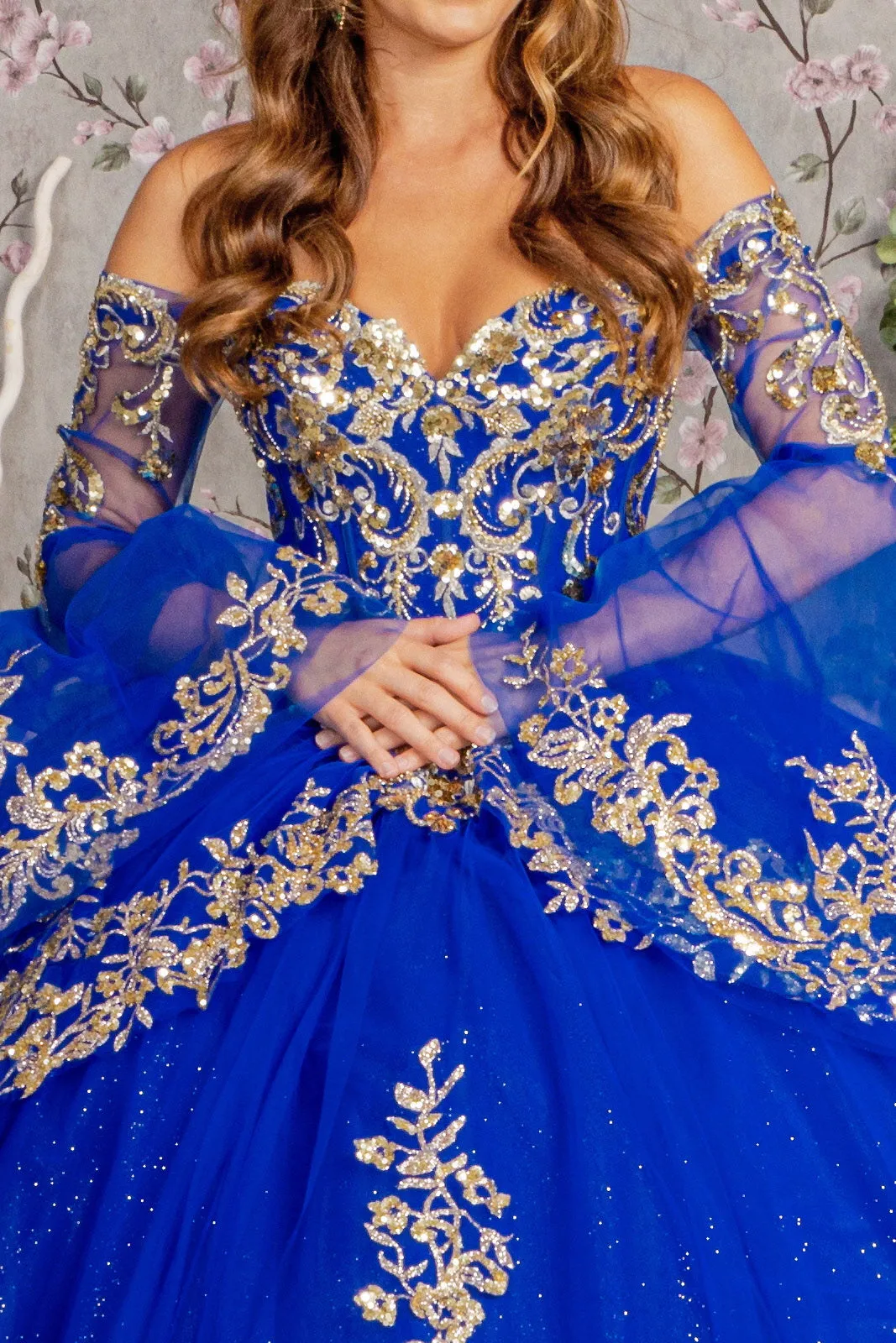 Gold Sequin Off Shoulder Mesh Ball Gown Detachable Long Sleeves GLGL3184
