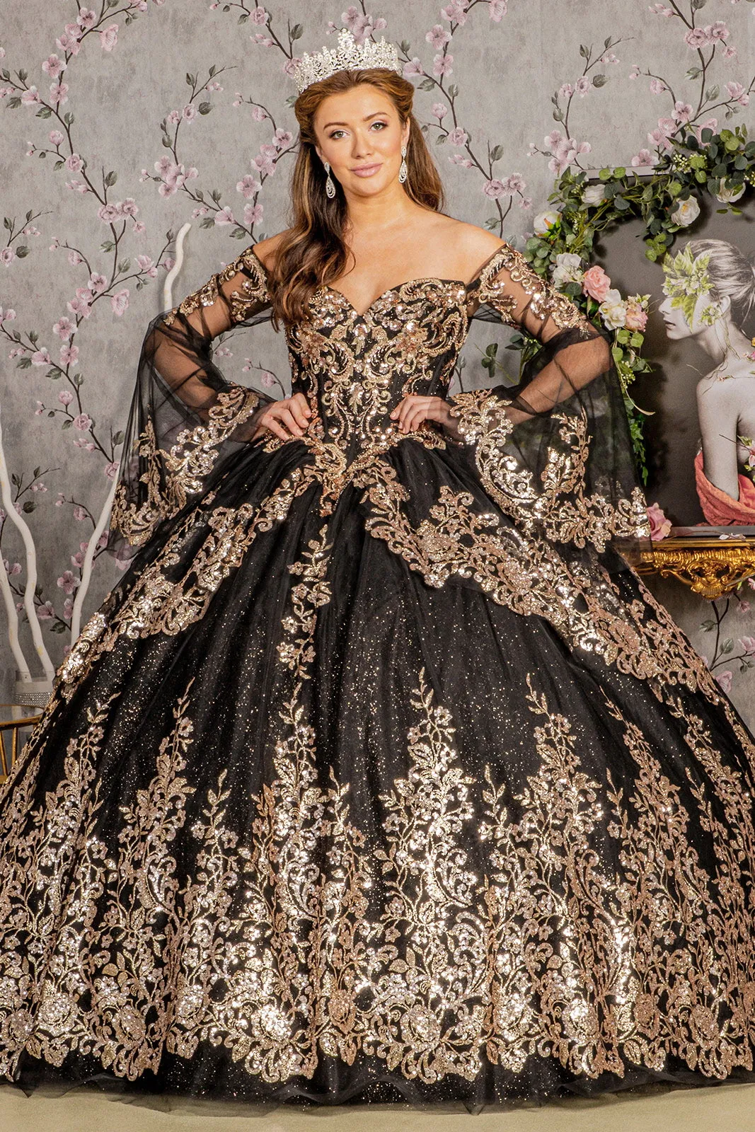 Gold Sequin Off Shoulder Mesh Ball Gown Detachable Long Sleeves GLGL3184