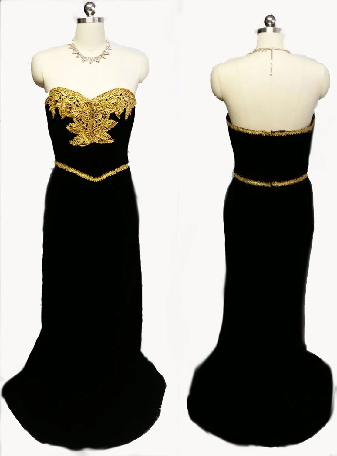 *GORGEOUS VINTAGE 1980s VICTOR COSTA FROM I MAGNIN BLACK VELVETY EVENING GOWN WITH FABULOUS GOLD METALLIC LACE