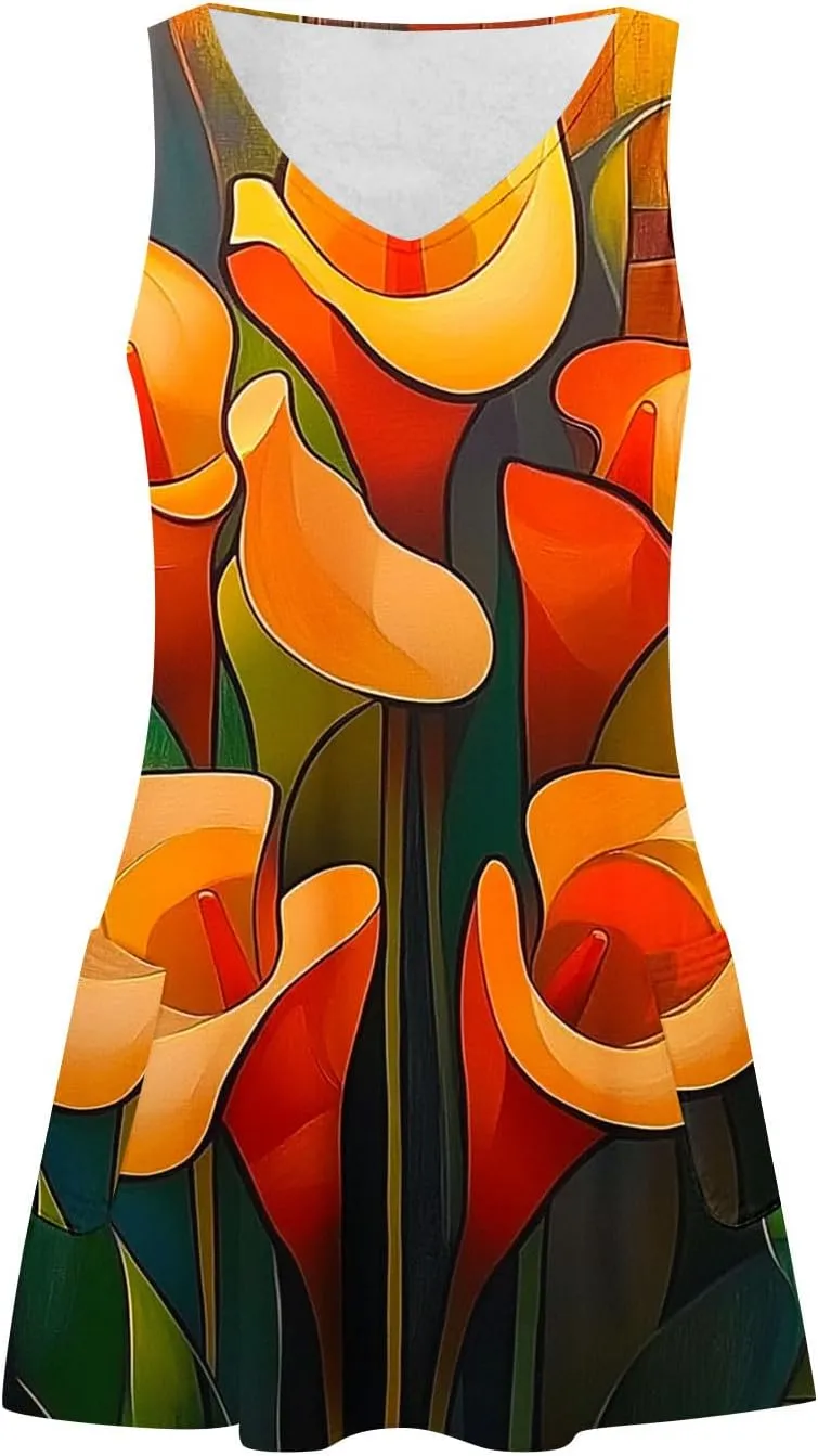hlysgo Vacation Dresses for Women 2025 Summer Sleeveless V Neck Mini Dress A-Line Flowy Beach Coverup Sundress with Pockets