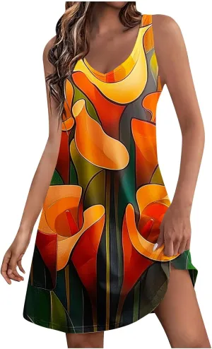 hlysgo Vacation Dresses for Women 2025 Summer Sleeveless V Neck Mini Dress A-Line Flowy Beach Coverup Sundress with Pockets
