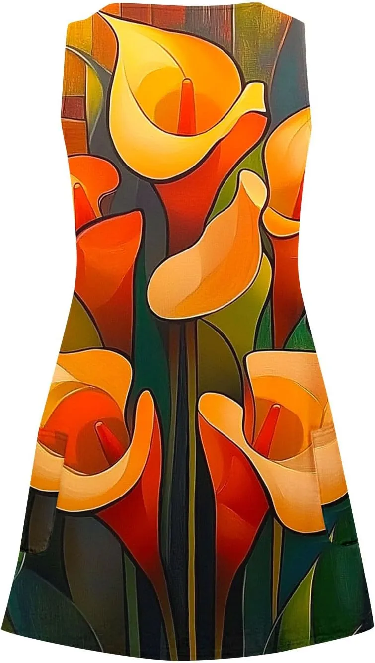hlysgo Vacation Dresses for Women 2025 Summer Sleeveless V Neck Mini Dress A-Line Flowy Beach Coverup Sundress with Pockets