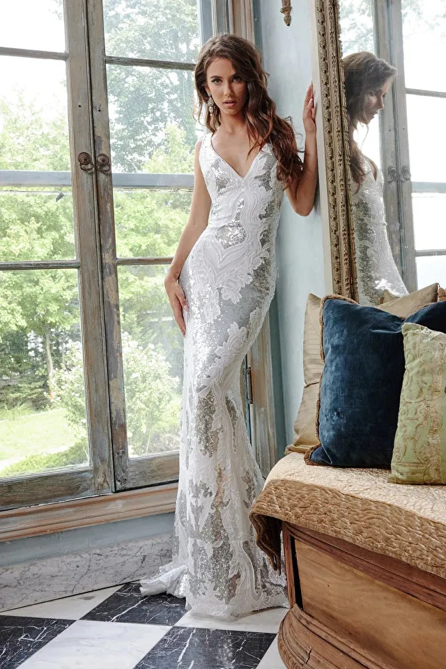 Jovani 23319 - White Silver Open Back V Neck Prom Dress