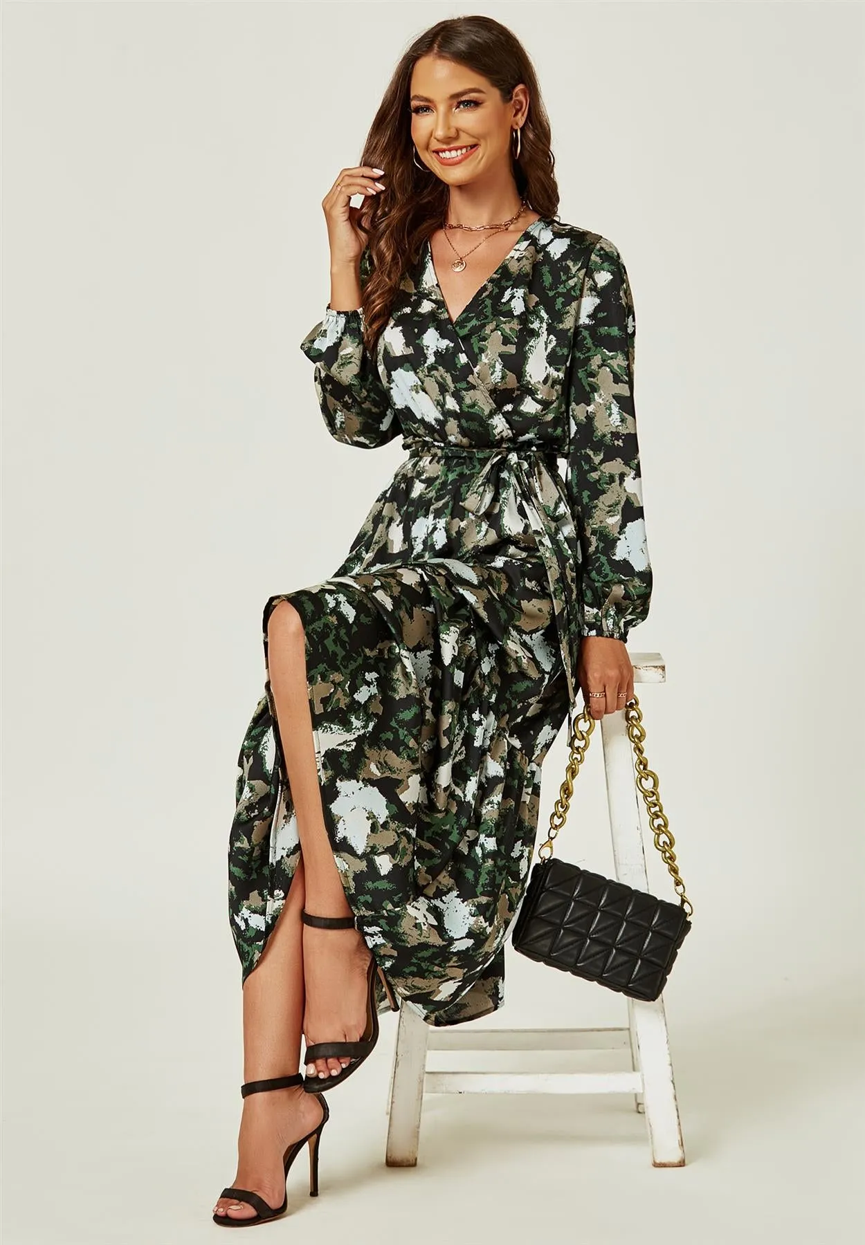 Long Sleeve Wrap Midi Dress In Black Print