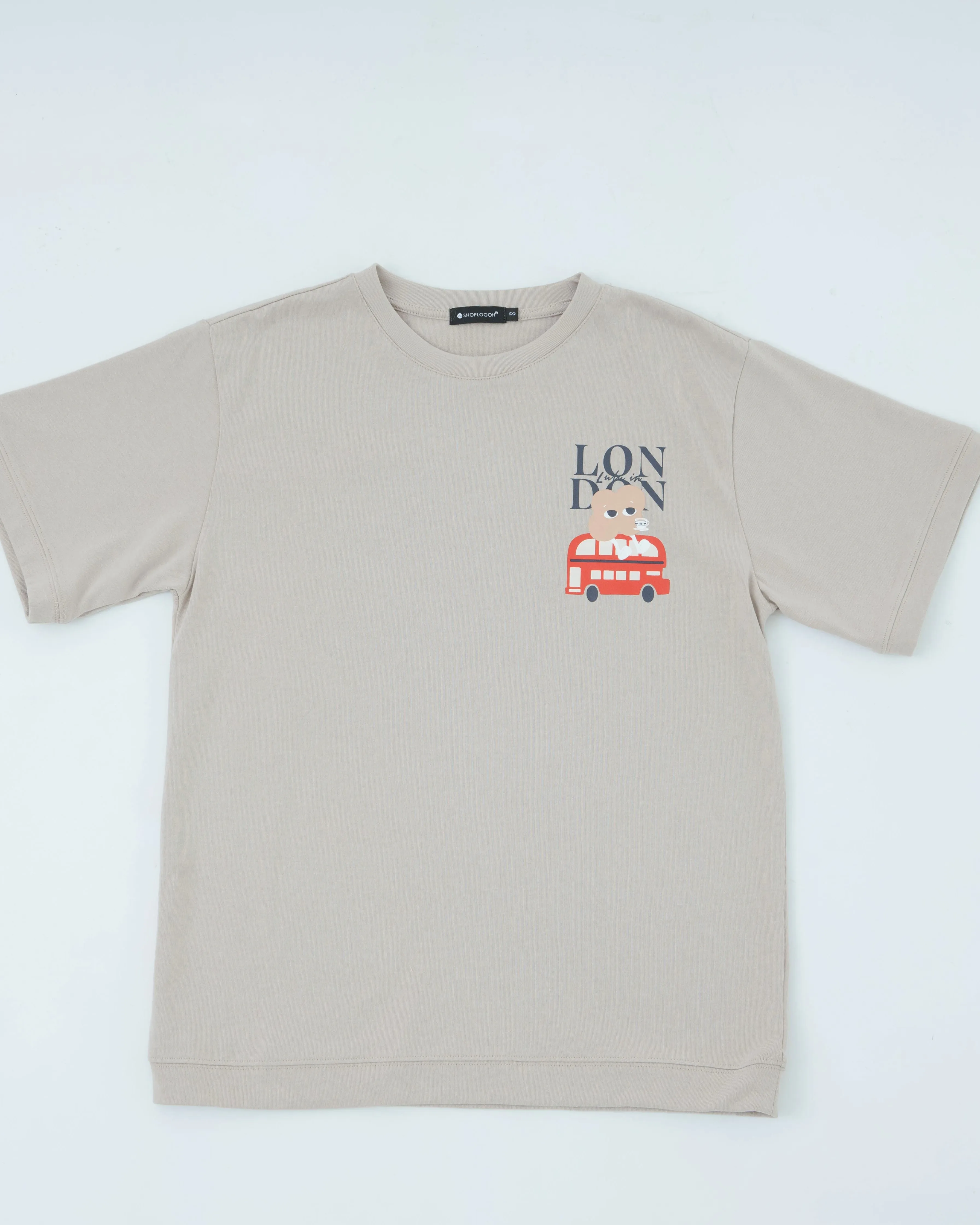 LULU On London Buss Embroidery Graphic Tee (Khaki Grey)