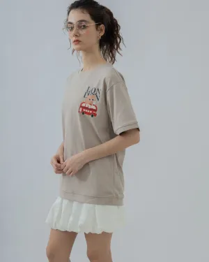 LULU On London Buss Embroidery Graphic Tee (Khaki Grey)