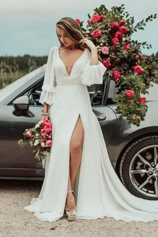 Luolandi Deep V Neck A Line Long Sleeves Wedding Dresses With Slit V Back Long Bridal Gowns Sexy