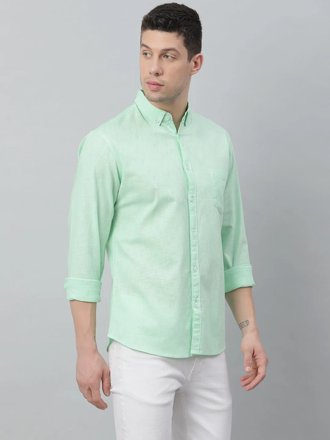 Men's Solid Button Down Collar Casual Shirt (Green)