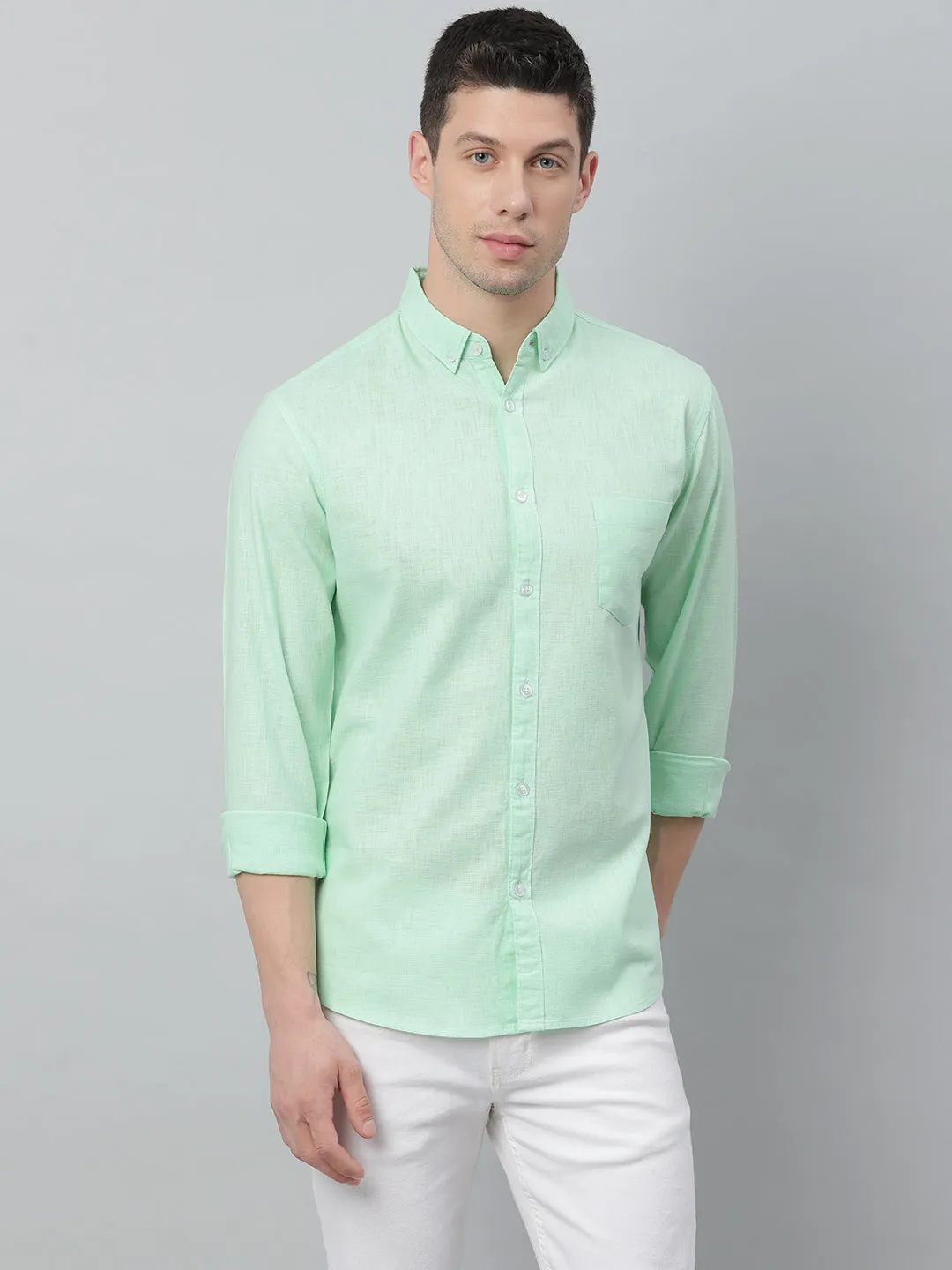 Men's Solid Button Down Collar Casual Shirt (Green)