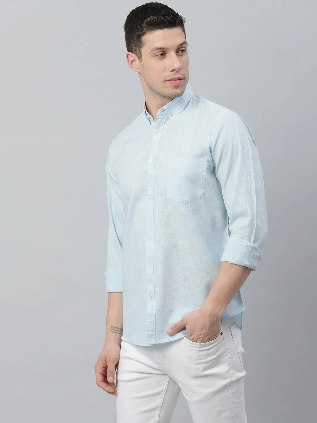 Men's Solid Button Down Collar Casual Shirt (Sky Blue)