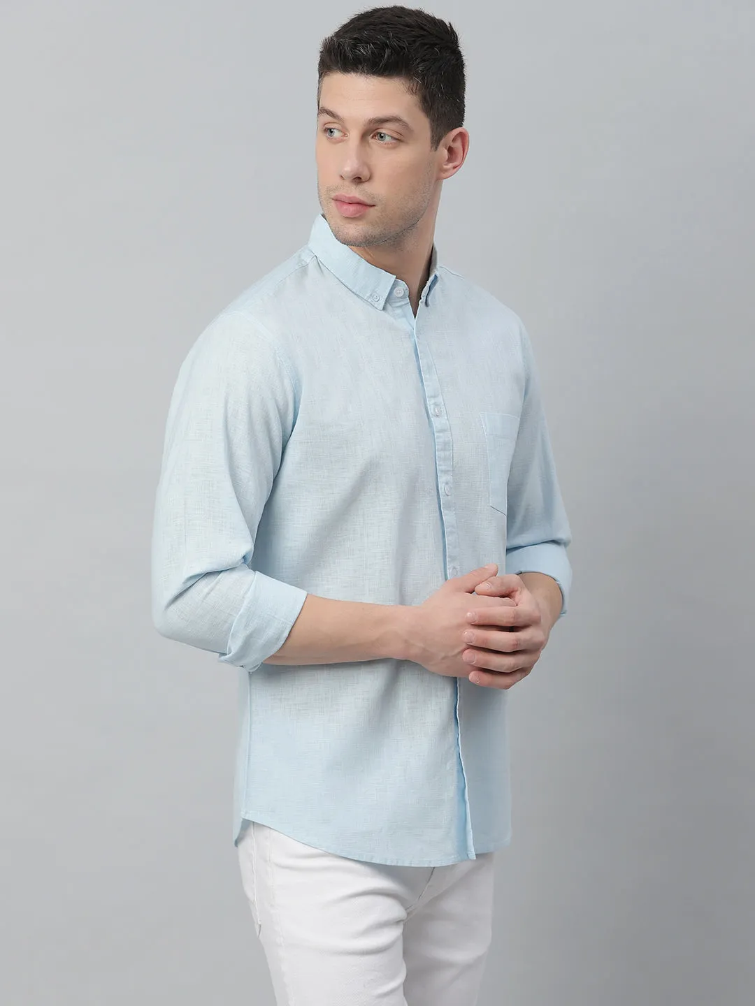 Men's Solid Button Down Collar Casual Shirt (Sky Blue)