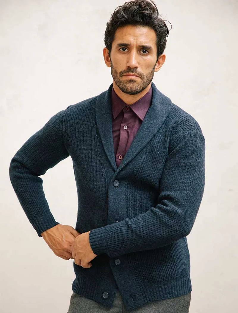 Navy Ribbed Shawl Neck Wool & Cashmere Cardigan