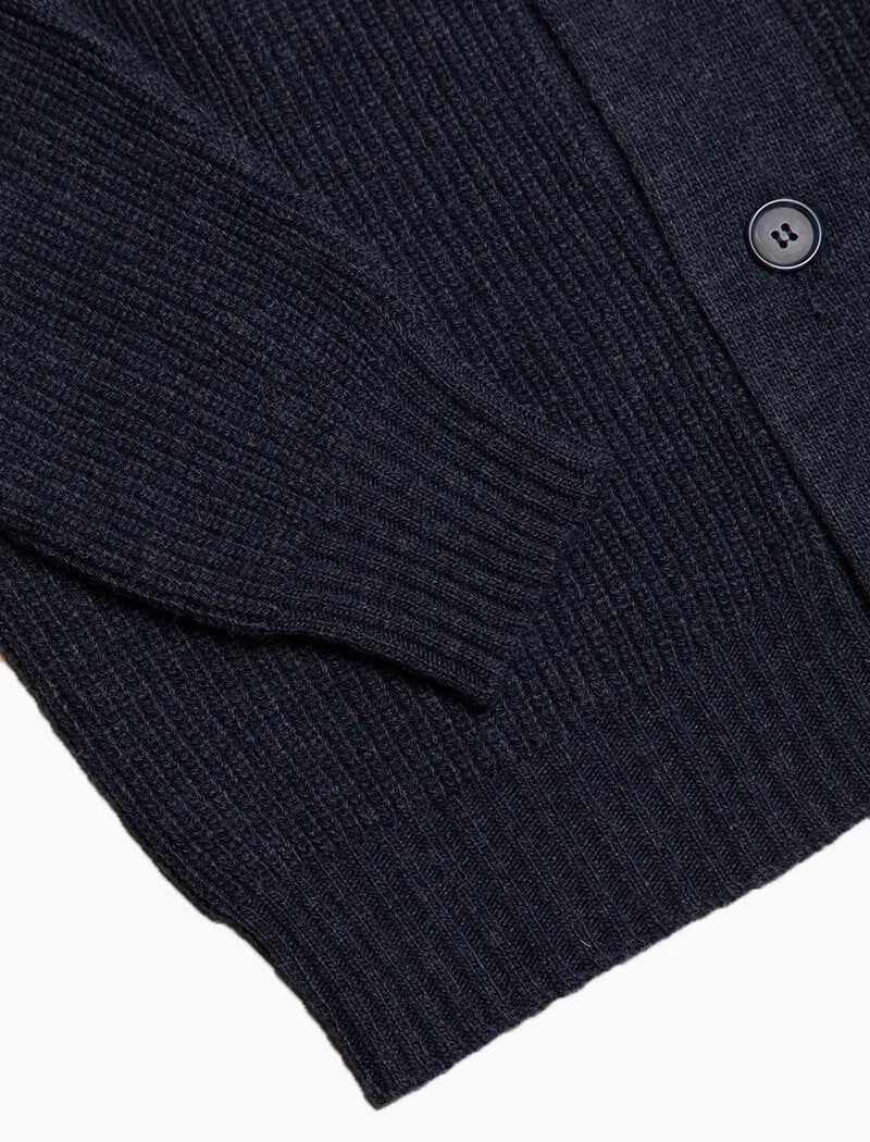 Navy Ribbed Shawl Neck Wool & Cashmere Cardigan