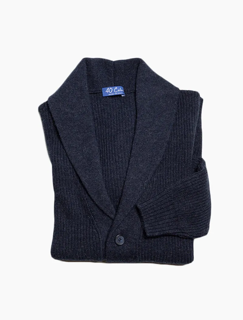 Navy Ribbed Shawl Neck Wool & Cashmere Cardigan
