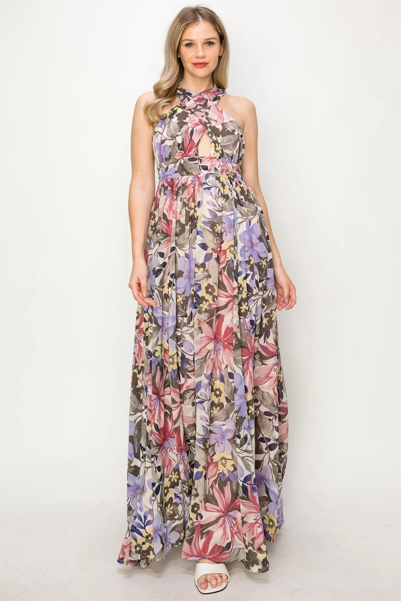 Pink & Purple criss cross chiffon floral  dress OL24A103