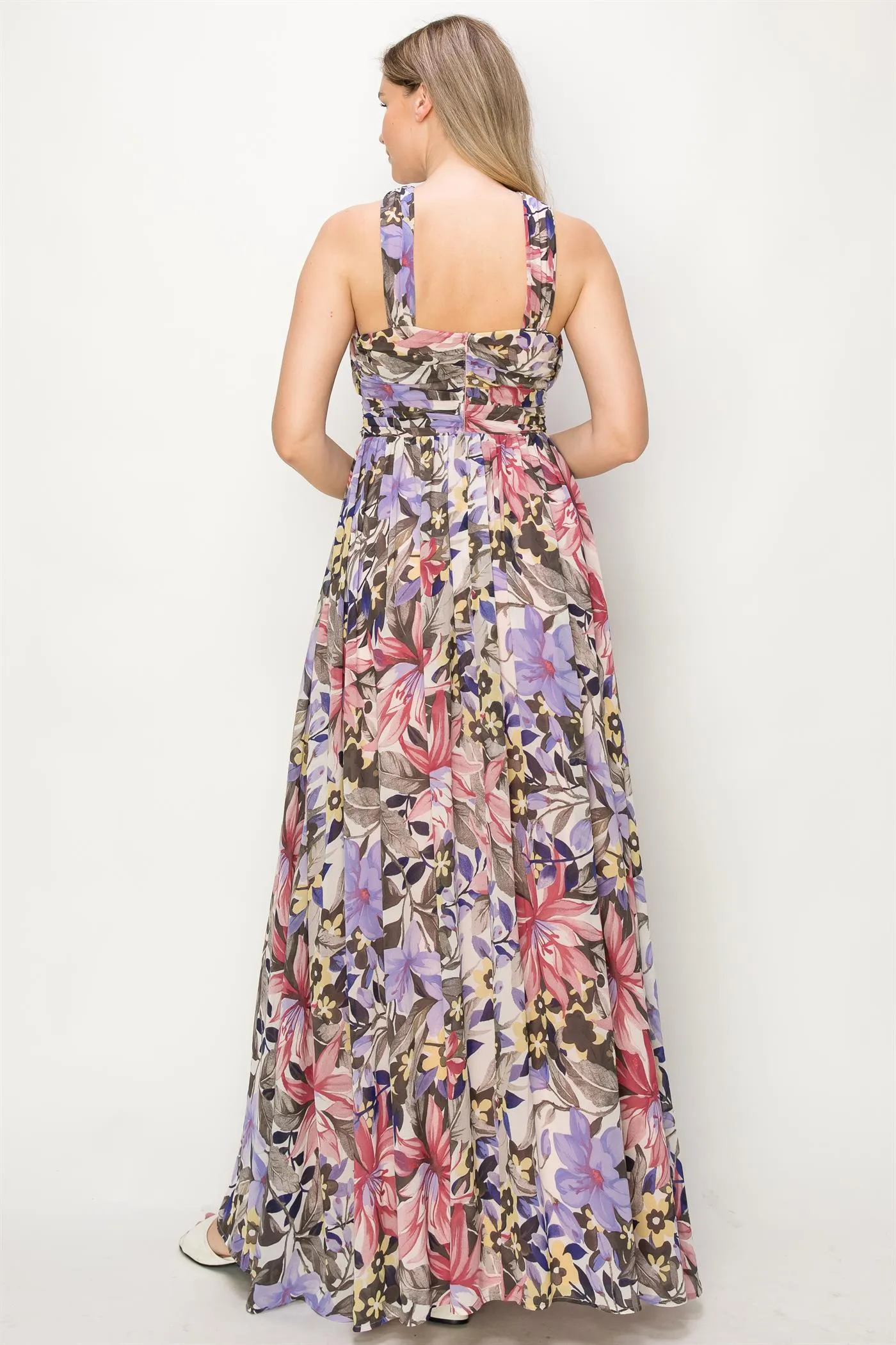 Pink & Purple criss cross chiffon floral  dress OL24A103