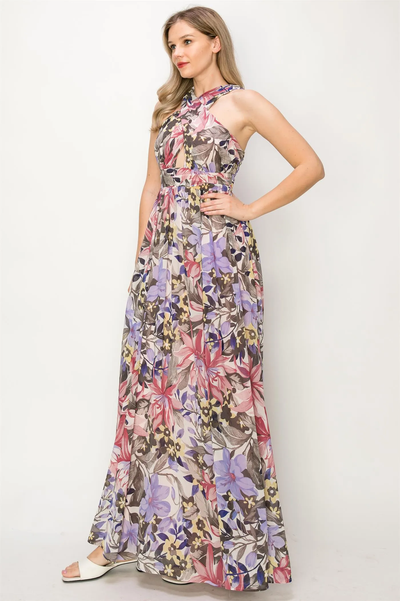 Pink & Purple criss cross chiffon floral  dress OL24A103