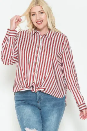 Plus Size Red Multi Stripe Long Sleeve Button Down Side Slit Cotton Shirt