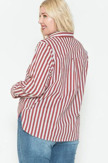 Plus Size Red Multi Stripe Long Sleeve Button Down Side Slit Cotton Shirt