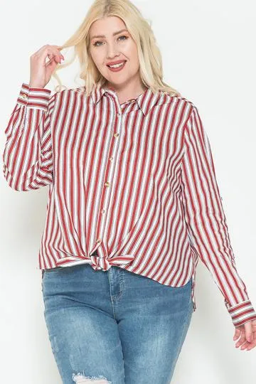 Plus Size Red Multi Stripe Long Sleeve Button Down Side Slit Cotton Shirt