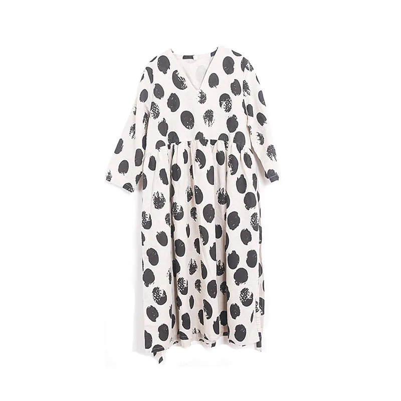 Polka Spot Dresses V Neck Women Dresses long Loose women Midi Dresses AMT962335